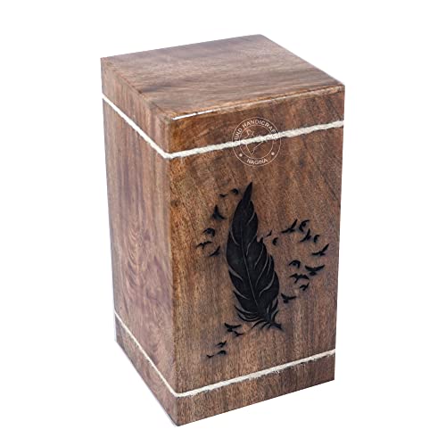 Rosewood Cremation Urns for Human Ashes Adult Large - Wooden Burial Urn for Columbarium - Funeral Urn Box (250 Cubic Inches - MW, Feather w/Bird) - color: Feather W/ Bird, size: 250 Cubic Inches - MW