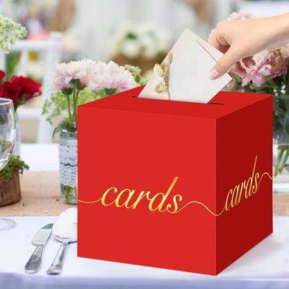 Red Card Box Gold Foil Wedding Favors Gift Card Boxes Post Box Receiving Money Box Holder for Wedding Reception, Baby Showers, Anniversary, Birthday Party, Retirement, Graduation Envelope Holder - color: Red and Gold