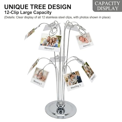 HOHIYA 14" Photo Display Tree with 12 Clips Stainless Steel Stand | Displays photos, cards, notes and memories with 12 clips for home, weddings, offices and seasonal celebrations.
