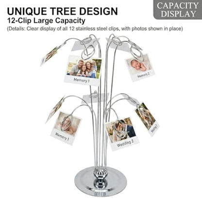 HOHIYA 14" Photo Display Tree with 12 Clips Stainless Steel Stand | Displays photos, cards, notes and memories with 12 clips for home, weddings, offices and seasonal celebrations.
