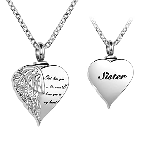YSAHan Angel Wing Urn Necklace Ashes Sister Heart Cremation Memorial Pendant Engraved God Has You in His Arms I Have You in My Heart