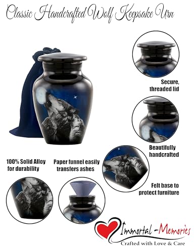 Midnight Wolves Keepsake Urn - 3 Wolves Mini Cremation Urn for Ashes - Wolves Howling at The Moon Sharing Urn - Wolf Urn - Moonlit Wolves Memorial Token Urn with Premium Box & Bag (Keepsake) - size: Mini (Keepsake)