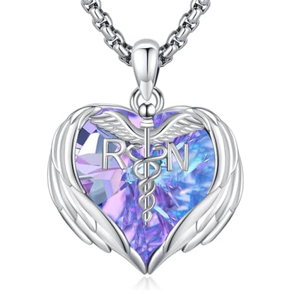 Angel Wings Necklace 925 Sterling Silver Guardian Angel Nurse RN Caduceus Pendant Charm Crystal Angel Jewelry Gifts for Women - style: G-Angel Wings-Nurse-RN-Purple