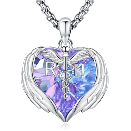 Angel Wings Necklace 925 Sterling Silver Guardian Angel Nurse RN Caduceus Pendant Charm Crystal Angel Jewelry Gifts for Women - style: G-Angel Wings-Nurse-RN-Purple