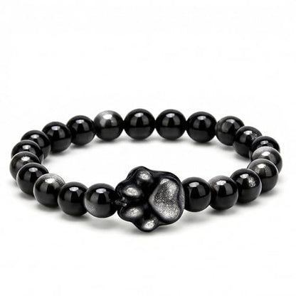 LINGYUAN Black Obsidian Cat Bracelet, Natural Stone Beaded Bracelet for Protection Luck and Energy Balance, Handmade Healing Crystal Jewelry Gift for Women and Men - color: cat paw
