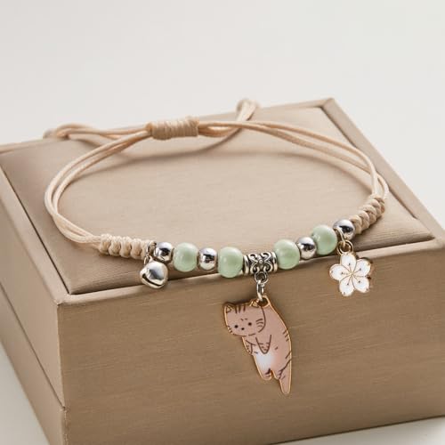POYAMUSE Lovely Cat and Flower Strand Bracelet - Colorful Beads, Adjustable for Women - color: Ginger green
