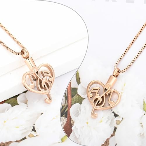 XSMZB Music Note Cremation Urn Necklace for Ashes of Loved One Heart Memorial Locket Hold Ashes Keepsake Pendant for Women Men - color: Rose Gold