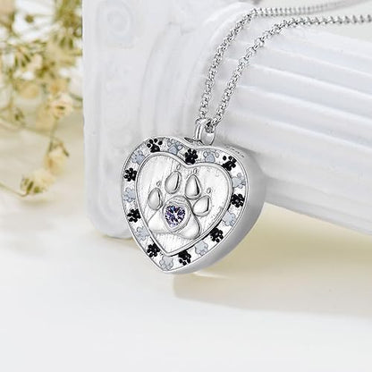 SOULMEET Memorial Pet Necklace for Ashes, Silver/White Gold Paw Print Urn Necklaces with Birthstone for Ashes Keepsake Cremation Jewelry for Pet Cats Dogs - style: F2-Locket+Engraving-June