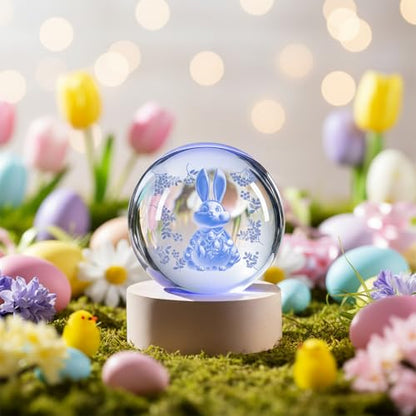 Easter Light up Bunny 3D Crystal Ball 60MM Rabbit Decor Sphere Figurine Collectibles Glass Art Animal Night Light for Kids - size: 2.36"