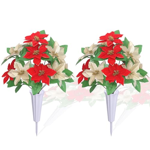 Lodou Artificial Cemetery Flowers for Grave,2 Sets Christmas Artificial Cemetery Flowers with Vase for Grave Christmas Bouquet,Outdoor Grave Decorations (Red Gold) - color: Red Gold