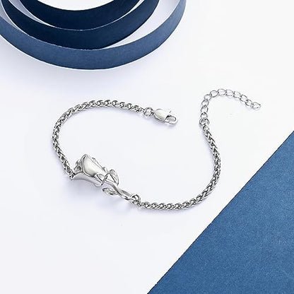 Rose Flower Ashes Bracelet for Women Cremation Memorial Jewelry - color: Silver