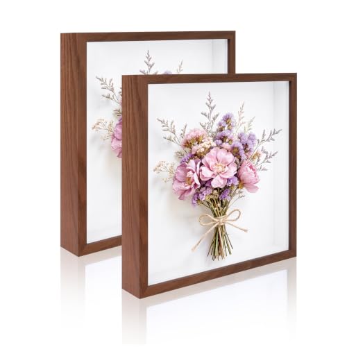 2 Pack 10x10 Shadow Box Frame Deep Shadow Boxes Display Cases with Stand | Wood Shadowbox Display on Tabletop or Wall for Dried Flowers, Photos, Handicrafts, Keepsake,Picture - color: Walnut Wood, size: 10"x 10"