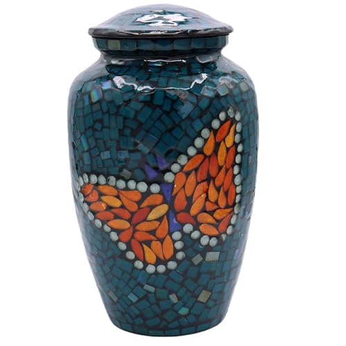 Mosaic Glass Cremation Urn - Hand Made Funeral Urn for Human Ashes - Large Adult Size Burial Urn - Hand Applied Individual Tiles Create a one of a Kind Work of Art - 200 cu in (Blue Butterfly) - color: Blue Butterfly