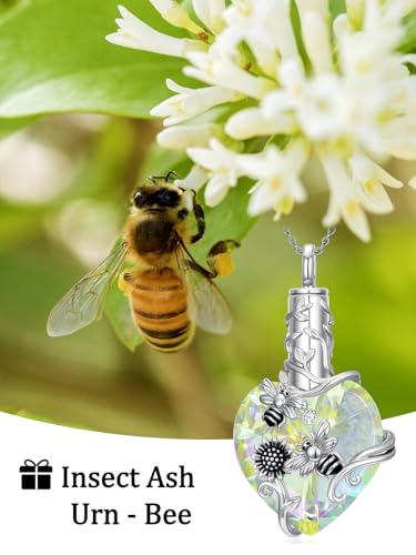 JKR Heart Urn Necklace for Ashes Crystal Keepsake Pendant Memorial Jewelry - style: Bee-White Crystal