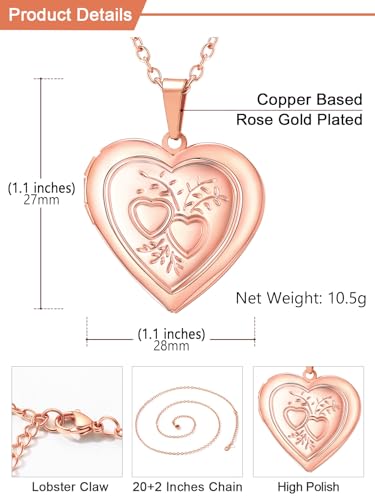 U7 Women Locket Necklace, Heart Photo Lockets Hold Picture, Gift Box Packed - color: 03# Rose Gold*2 Heart