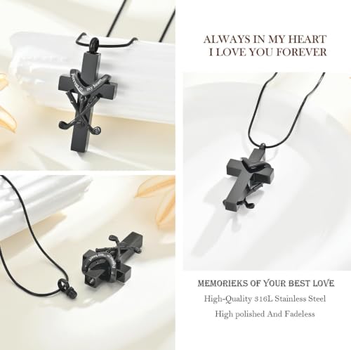 zeqingjw Cross Urn Necklace for Ashes for Men Women Stainless Steel Cremation Golf Clubs Jewelry Ashes Keepsake Memorial Pendant Ash Holder of Loved Ones - color: Black