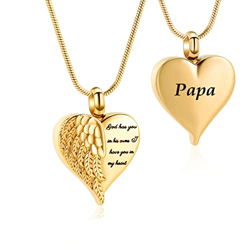 Angel Wing Heart Urn Necklace for Ashes Cremation Jewelry for Women Men Stainless Steel Memorial Necklaces Ash Holder for Human Keepsake Jewelry for Loved Ones with Fill Tool - color: Gold-Papa