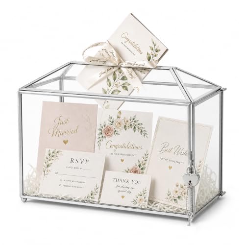 12.6" x 6" x 9" Wedding Glass Card Box with Slot and Lock for Wishing Well, Keepsake, Envelope - Birthday Party Reception Decor, Silver (Glass Box Only) Slot Length 7.3 Inches - color: F-Big Silver Card Box 12.6''