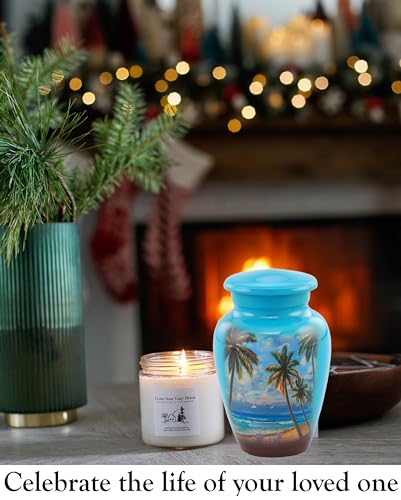 Paradise Beach Keepsake Urn - Hand Painted Miniature Palm Trees Urn with Premium Case & Bag - size: Miniature