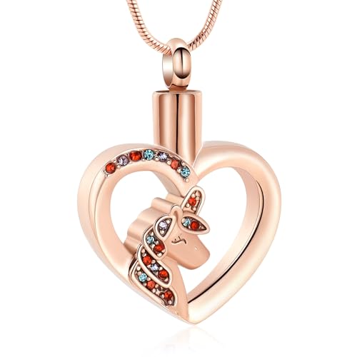Unicorn Heart Urn Necklace for Ashes Cremation Jewelry for Women Men Stainless Steel Memorial Necklaces Ash Holder for Human Pets Keepsake Jewelry for Loved Ones with Fill Tool - color: Rose Gold