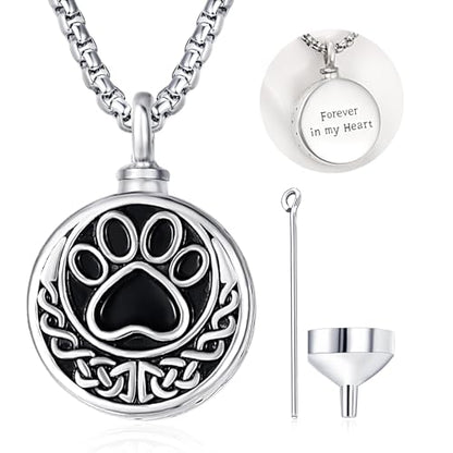 TANGPOET Paw Print Urn Necklace For Pet Ashes, Dog Cat Ashes Necklace for Men Women, 925 Sterling Silver Cremation Keepsake Memorial Jewelry Gifts - style: Round