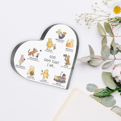 Religious Gifts for Women, Winnie Bible Verse Encouragement Presents for Sister Mom Friend, Christian Home Office Desk Winnie Decor, God Says Inspirational Acrylic Hearts Plaques - style: Winnie 002