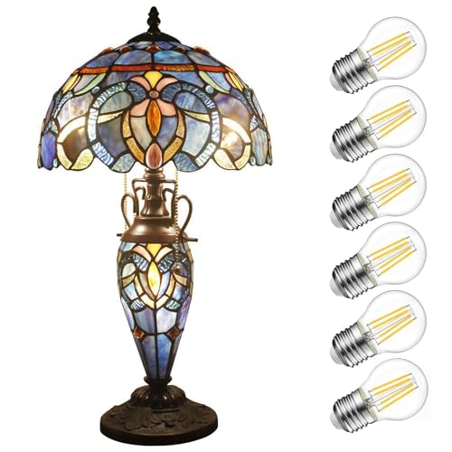 WERFACTORY Tiffany Style Lamp Blue Purple Cloud Stained Glass Table Lamp 12X12X22 Inches Mother-Daughter Vase Desk Reading Light Decor Bedroom Living Room Home Office S558 Series
