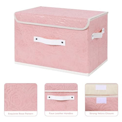 ANMINY Fabric Storage Box Bins with Lids, Rose Print, Pink, 4PCS Large | Keepsake Memory Storage, Nonwoven Fabric, PP Board Frame, Washable, PU Handles, Foldable Stackable, Decorative, 15"x10"x10" - size: Large (Pack of 4)