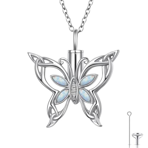 925 Sterling Silver Urn Necklaces for Women Claddagh/Angel Wings/Guitar/Butterfly/Tree of Life Ashes Memorial for Loss Keepsake Jewelry Present Easter Day of the Dead - style: Butterfly-Opal