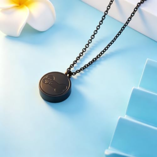 Round Pet Urn Pendant Necklace, Dog Paw Print and Bone Engraved Cremation Jewelry for Ashes, Stainless Steel Dog Keepsake Jewelry Urn Necklaces for Ashes for Women Men - color: Black