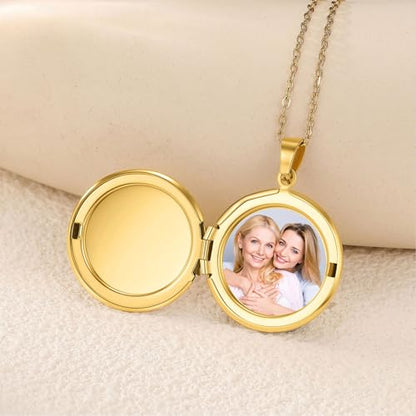 PHOCKSIN Personalized Locket Necklace for Women Photo Necklace with Customized Picture Birth Flower Birthstone Customizable Birthday Gifts - color: #07 Round Gold