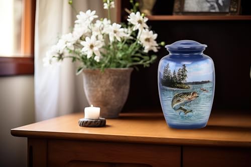 Gone Fishing Bass Cremation Urn – Adult Urn for Human Ashes up to 210 lbs – Fisherman Tribute Memorial Funeral Urn for Men and Women – Full Size Bass Fish Urn with Velvet Bag (Large) - size: Large (Bass)