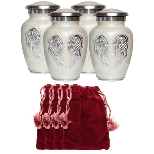 Custom Engraved Angel Wings Funeral Cremation Urn with Velvet Bag (Pearl White, Set of Four Small) - color: Pearl White, size: Set of Four Small