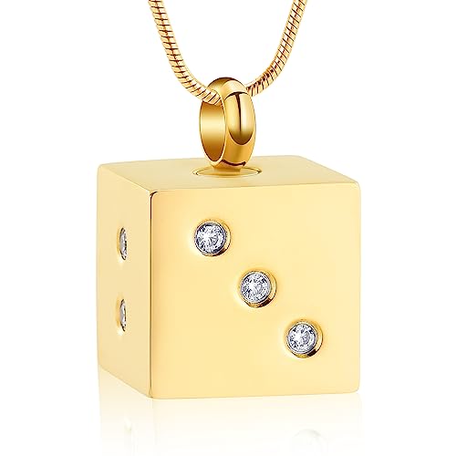 Hearbeingt Dice Urn Necklace Cremation Jewelry for Ashes Keepsake Pendant | for Women Men, Stainless steel, Memorial necklace, Ash pendant for human pet, Keepsake jewelry for loved ones, with fill tool - color: Gold
