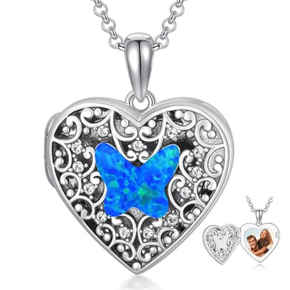 Dorunmo Personalized Locket Necklace 925 Sterling Silver that Holds Pictures Butterfly Birthstone Photo Heart Locket Custom Jewelry Congratulations New Beginnings New Job Gifts for Women - color: Butterfly Blue Opa, style: Personalized Photo