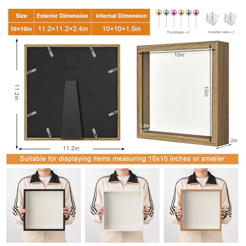 10x10 Shadow Box Frame with Ultra-Clear Glass & Soft Linen Back | With Push Pins and Stand, Deep 1.2" Brown Shadow Box Display Case – Display on Tabletop or Wall for Photo, Flower, Keepsakes - color: Brown+high Definition Panel + Shatter-proof Packaging,