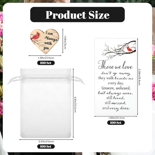 100 Sets Funeral Favors for Guests Memorial Thank You Gifts Celebration of Life Decorations Cardinal Gifts with Heart Pocket Hug Token Funeral Prayer Card and Organza Bag