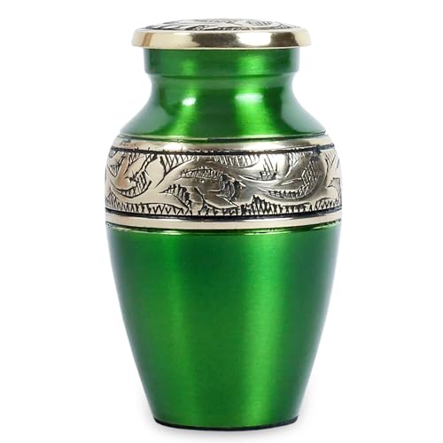 Mini Brass Keepsake Urn for Human Ashes – Handcrafted Green Metal Memorial Urn with Silver Engraved Band – 3 Cubic Inch Small Funeral Cremation Urn for Adult or Pet Ashes with Velvet Bag & Gift Box - size: Green