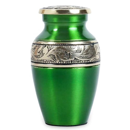 Mini Brass Keepsake Urn for Human Ashes – Handcrafted Green Metal Memorial Urn with Silver Engraved Band – 3 Cubic Inch Small Funeral Cremation Urn for Adult or Pet Ashes with Velvet Bag & Gift Box - size: Green