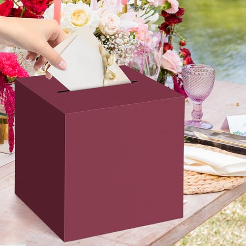 Hooqict Burgundy Card Box with Slot 9.1" Money Gift Card Box for Graduation, Wedding, Reception, Party, Birthday, Retirement, Raffle Box Envelope Ticket Holder - color: Burgundy