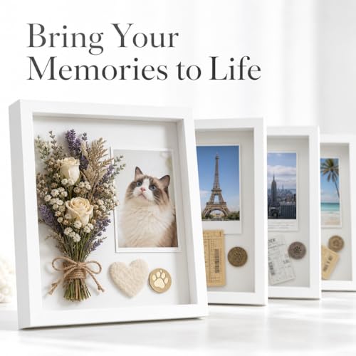 4 Pack Shadow Box Frame Display Cases, 8"x 8" Wood Deep Black Handicrafts Shadowbox Picture Frame for Flowers Jersey Baby Wedding Dress (White) - color: White, size: 8X8