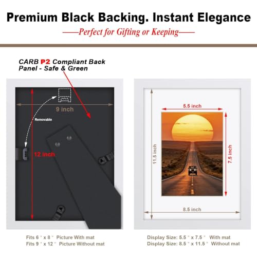 RPJC 9x12 Solid Wood Picture Frame Real Glass Cover White - color: White, size: 9x12 mat 6x8