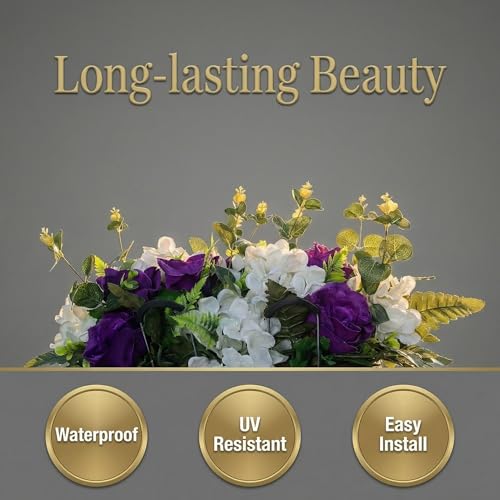 Purple Headstone Flower Saddle,Cemetery Artificial Flowers for Grave Decor