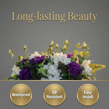 Purple Headstone Flower Saddle,Cemetery Artificial Flowers for Grave Decor