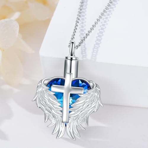 Rose & Daisy Urn Necklace - Sterling Silver Cremation Keepsake Memorial Jewelry - style: Wings Urn Necklace-Blue Crystal