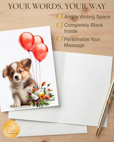 Puppy with Red Balloons and Flowers All Occasions Greeting Card from Unique Dogs Party Delights Collection Large 5x7 Inch Blank Inside with Envelope | 5x7 Inch Card, Blank Inside, Premium Silk Cardstock, Made in USA by USA-Based Pet Friendly Small Busines