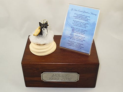Beautiful Paulownia Small Wooden Urn with Black & White Chihuahua Stairway to Heaven Figurine with Poem & Personalized Pewter Engraving - color: Black and White Chihuahua Angel "If Tears Could Build a Stairway"