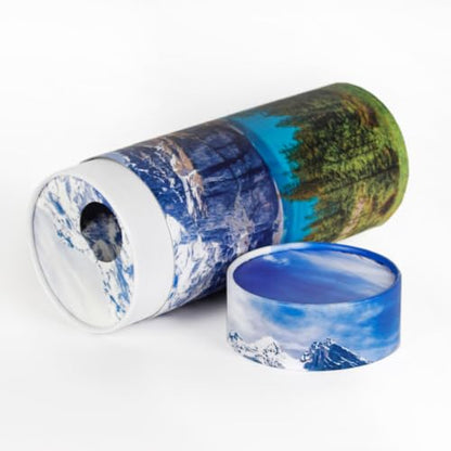 Mountain Scattering Urn for Ashes | 12.5 in x 5 in Size, Recycled Compressed Paper, Cotton Bag for Carrying, TSA Compliant, Perforated Release Tab
