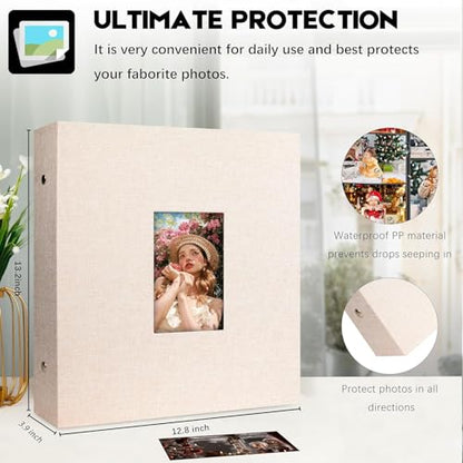 Aevdor Large Capacity 4x6 Photo Album, 1000 Photos, Linen Cover, Beige | Black Inner Pages, 3 Horizontal and 2 Vertical Pockets per Side, Front Photo Window, Family, Wedding & Travel Memories - color: Beige