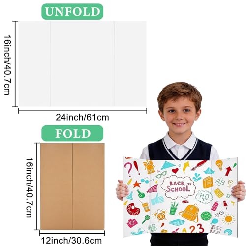 3 Pack Medium Trifold Poster Board, 24 x 16inches Poster Board with Double Sided Tapes and Cardboard, Corrugated Presentation,Science Fair Display Boards for School Project, Science Fair, Business - style: White-3 Pack-A